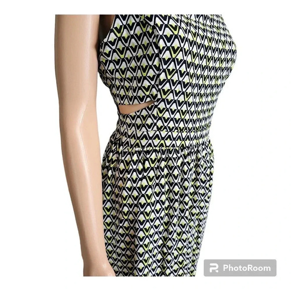 Sweet Storm Sleeveless Side Cut-outs Blue Lime White Geo Print Maxi Dress /L - Picture 4 of 12